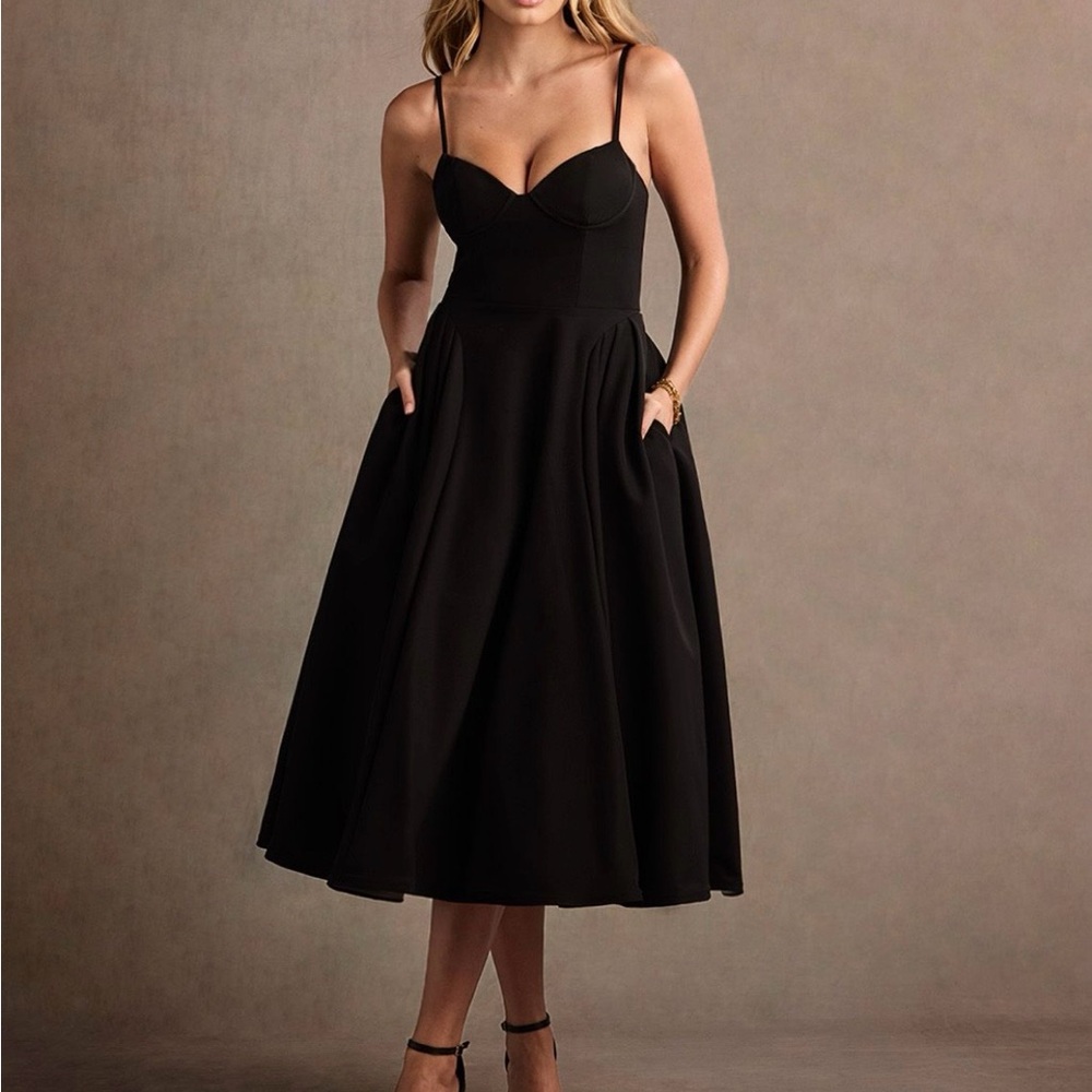 Azazie Doris Elegant Black Strappy Midi Dress